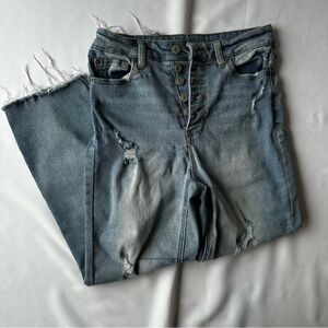 Distressed Blue Denim Button Fly Jeans